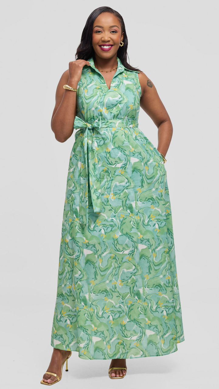 Vivo Sleeveless Maxi Dress in Cotton - Mint / Green Print
