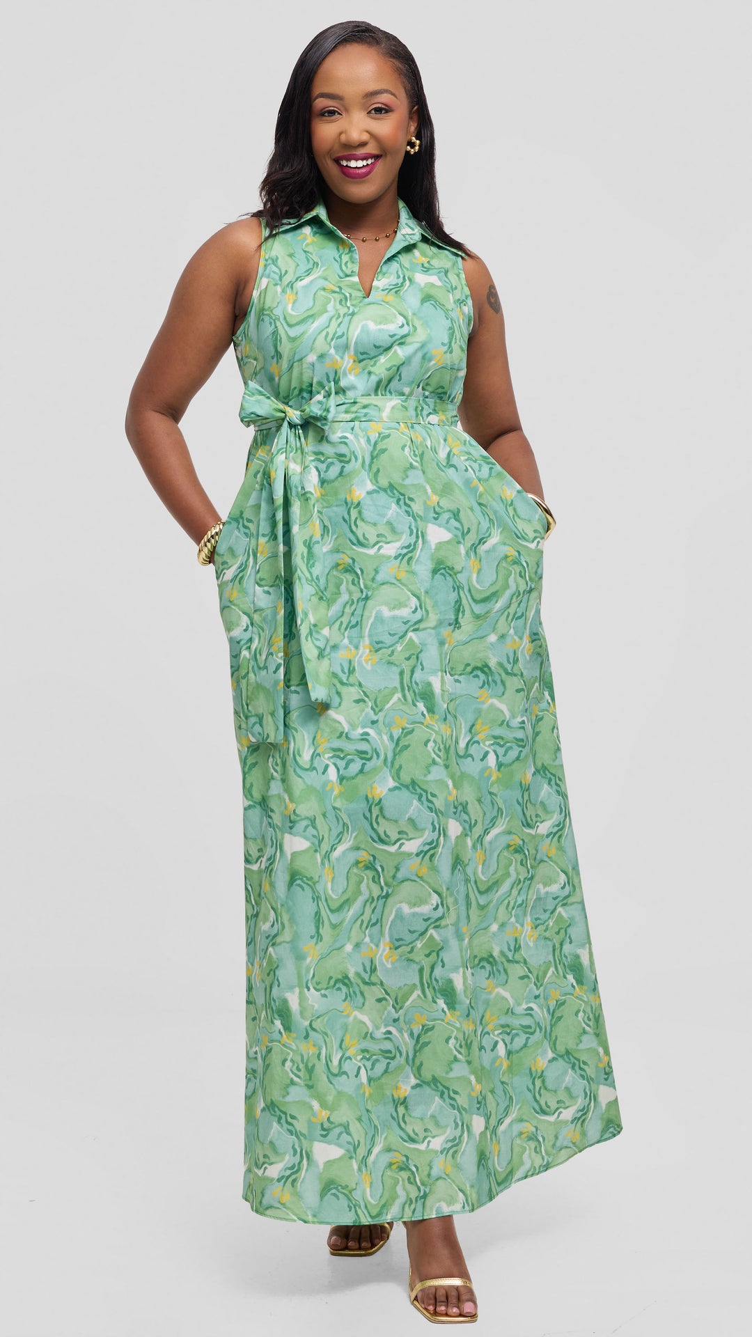 Vivo Sleeveless Maxi Dress in Cotton - Mint / Green Print