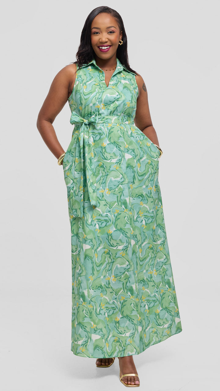 Vivo Sleeveless Maxi Dress in Cotton - Mint / Green Print