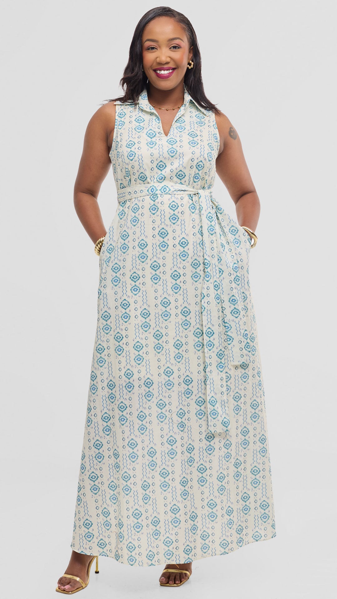 Vivo Sleeveless Maxi Dress in Cotton - Cream / Teal Print