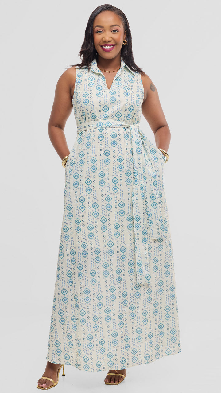 Vivo Sleeveless Maxi Dress in Cotton - Cream / Teal Print
