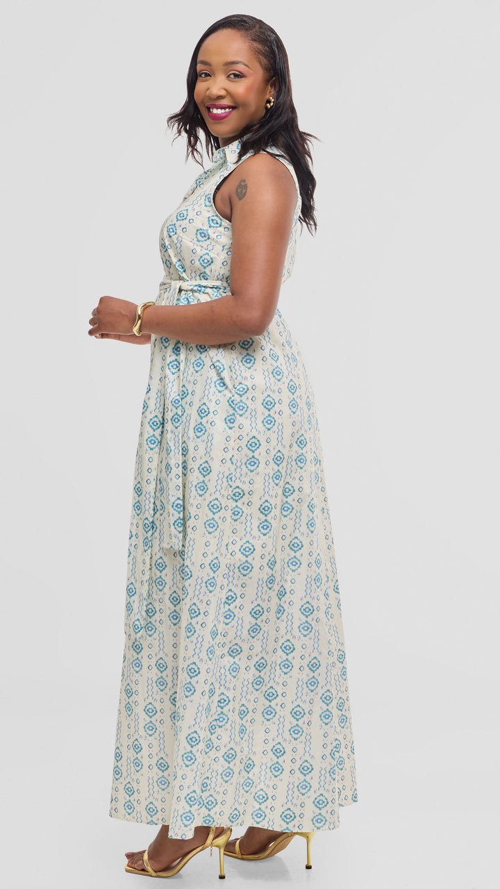 Vivo Sleeveless Maxi Dress in Cotton - Cream / Teal Print