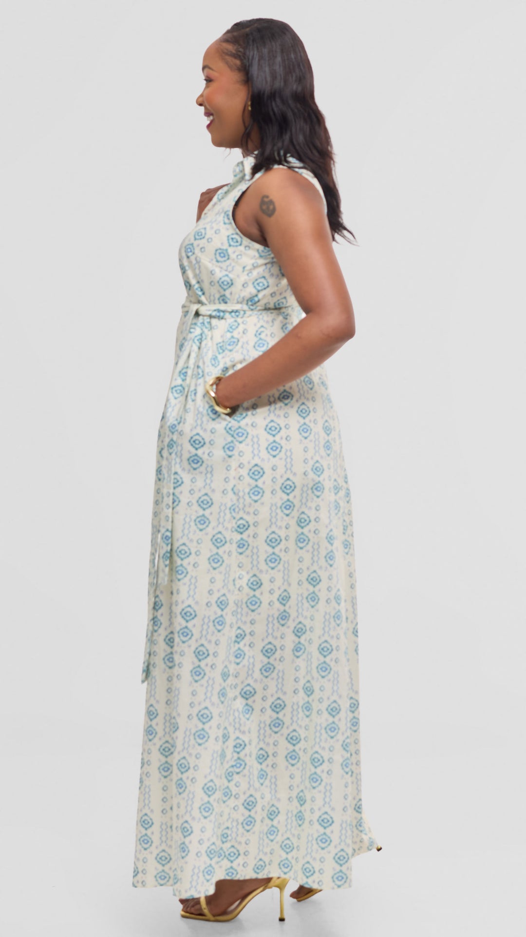 Vivo Sleeveless Maxi Dress in Cotton - Cream / Teal Print