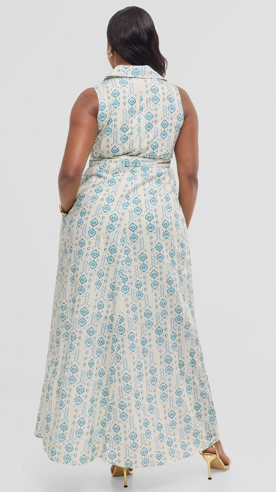 Vivo Sleeveless Maxi Dress in Cotton - Cream / Teal Print