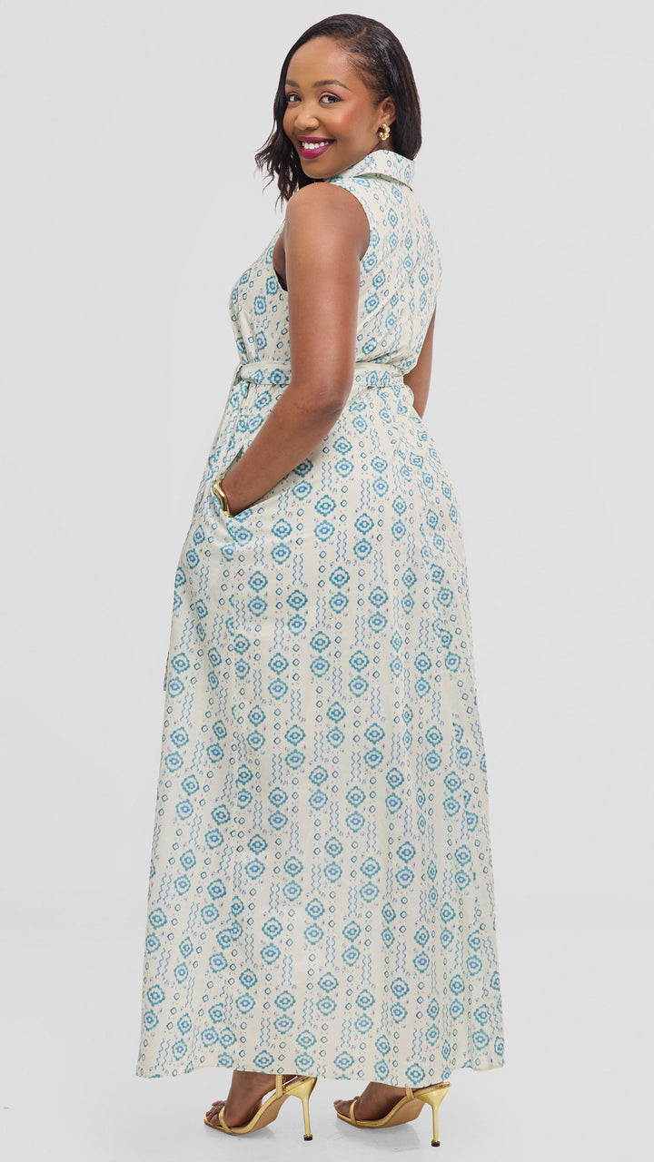 Vivo Sleeveless Maxi Dress in Cotton - Cream / Teal Print