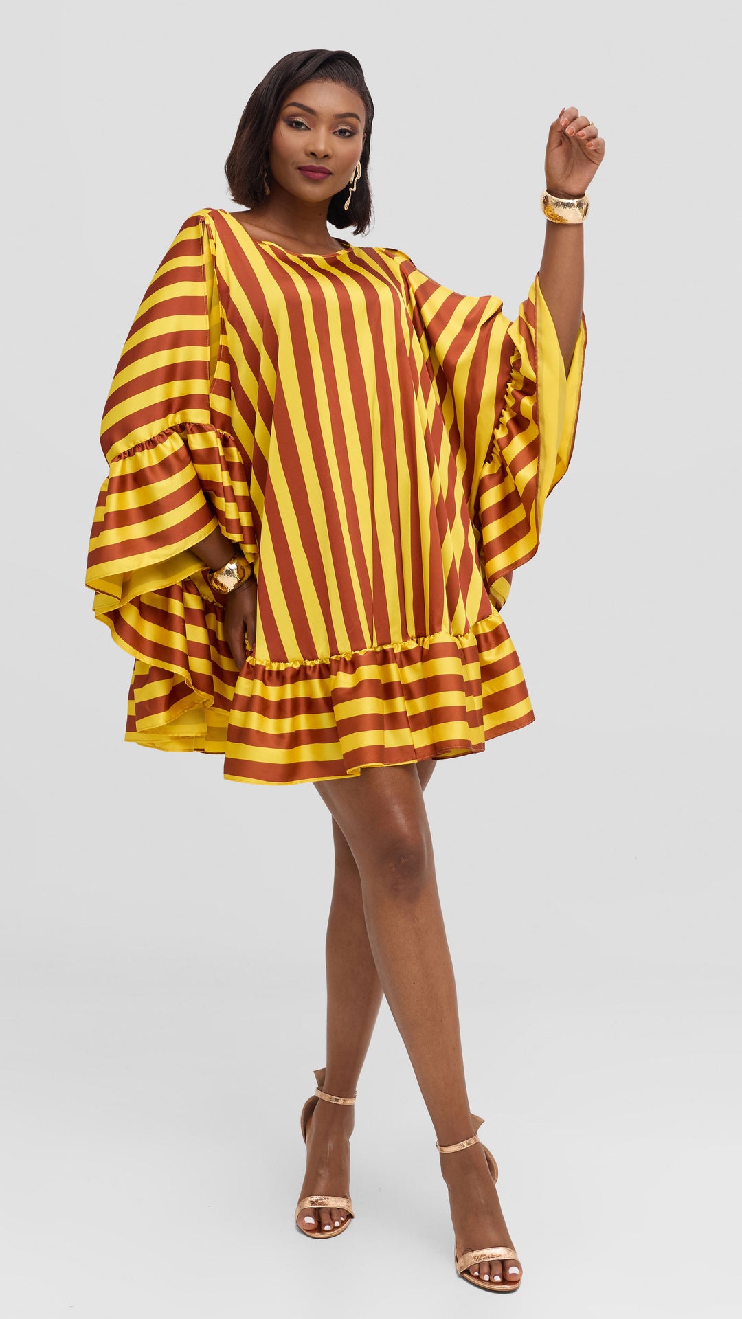 Vivo Chidii Tunic Dress With Frills in Satin - Yellow / Rust Print