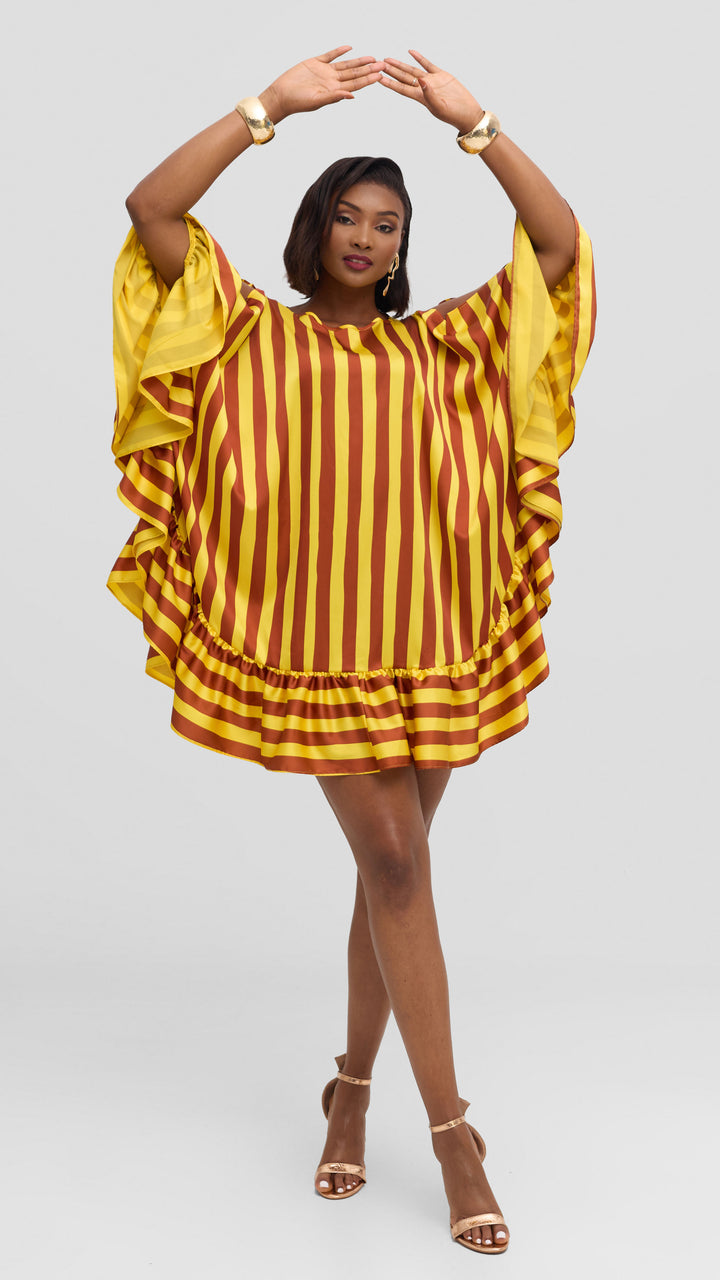 Vivo Chidii Tunic Dress With Frills in Satin - Yellow / Rust Print