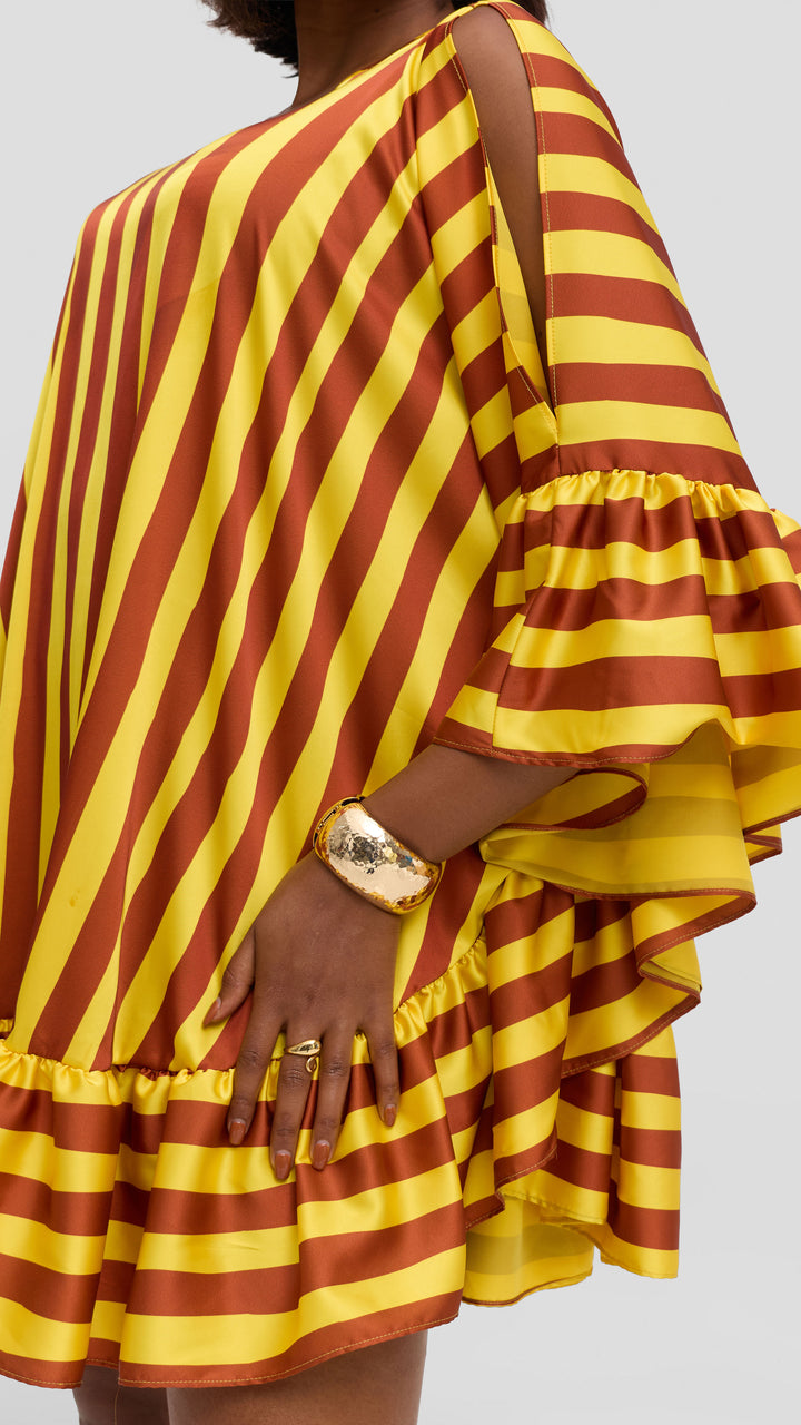 Vivo Chidii Tunic Dress With Frills in Satin - Yellow / Rust Print