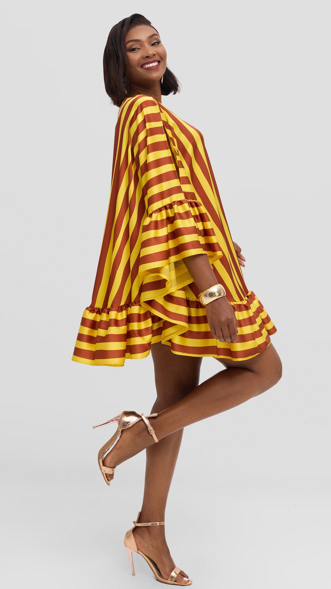 Vivo Chidii Tunic Dress With Frills in Satin - Yellow / Rust Print