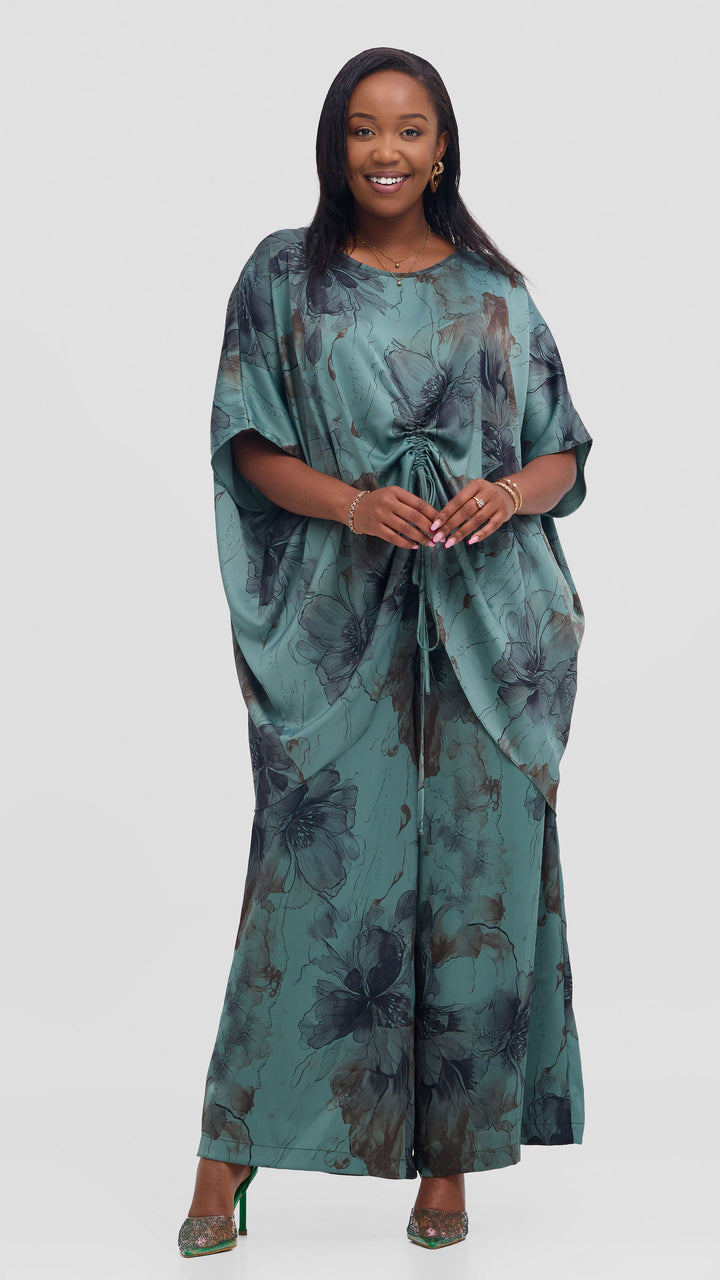 Vivo Wide Leg Pants in Textured Satin - Dusty Green / Black Print