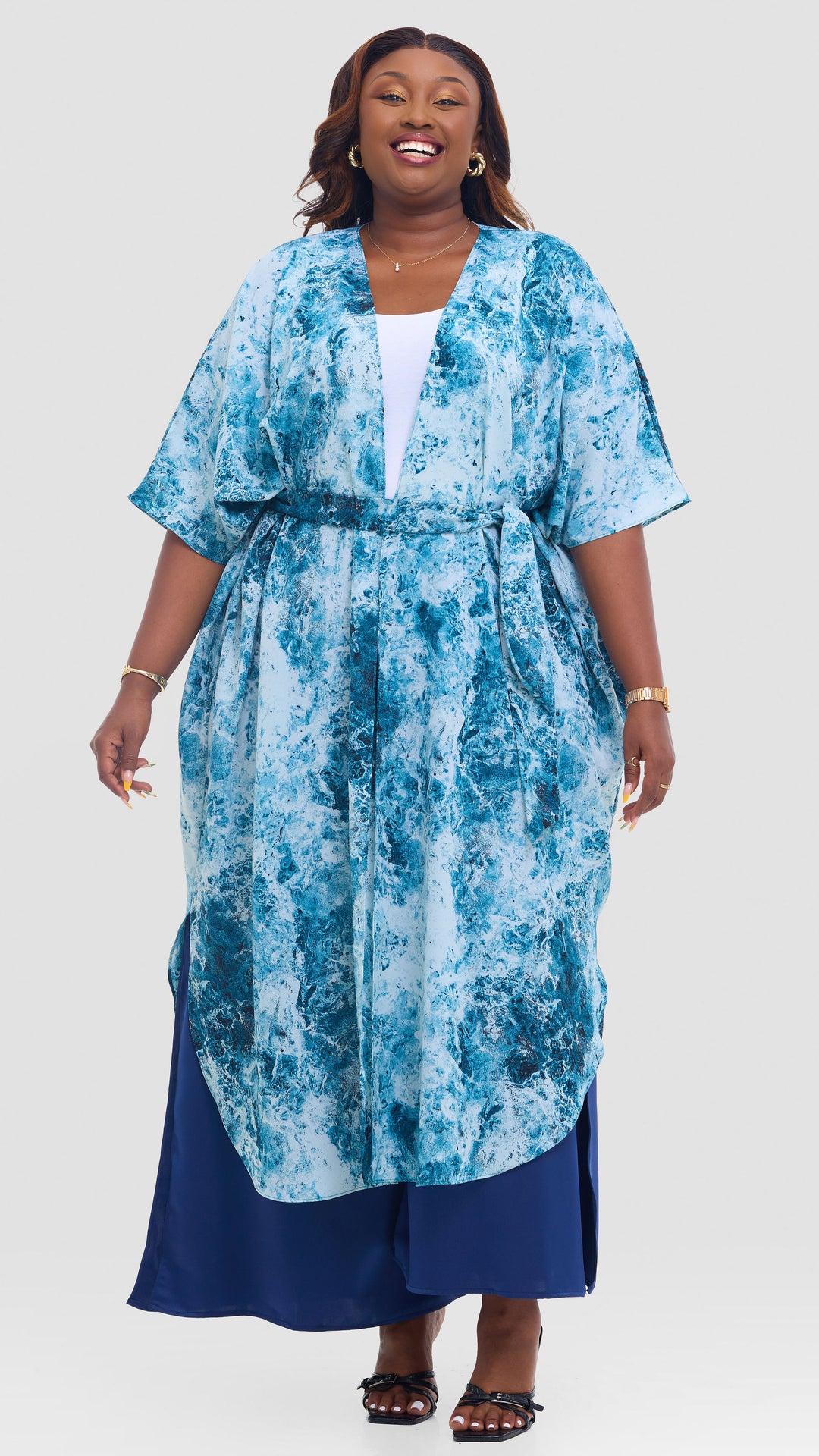Vivo Scalloped Kimono in Crepe - Teal / Light Blue Print