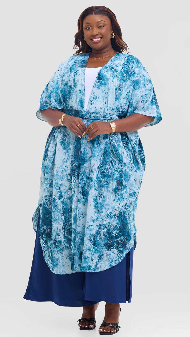 Vivo Scalloped Kimono in Crepe - Teal / Light Blue Print