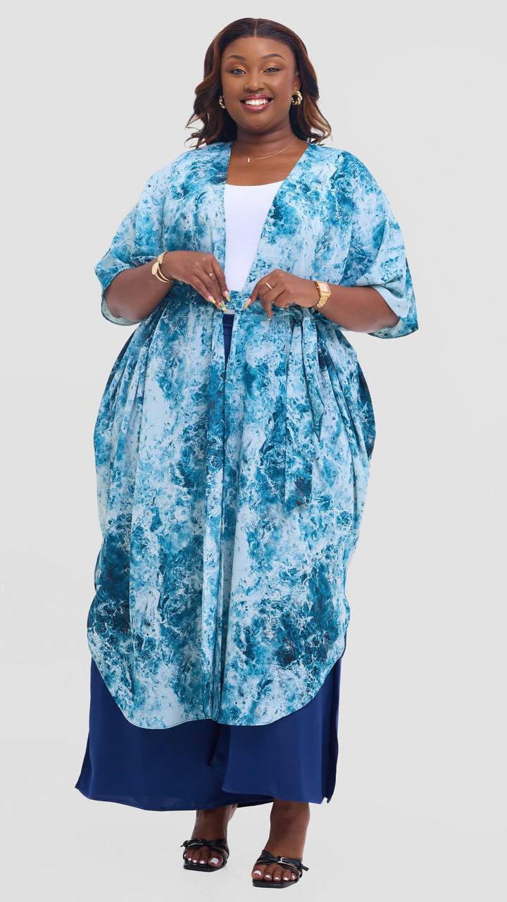 Vivo Scalloped Kimono in Crepe - Teal / Light Blue Print