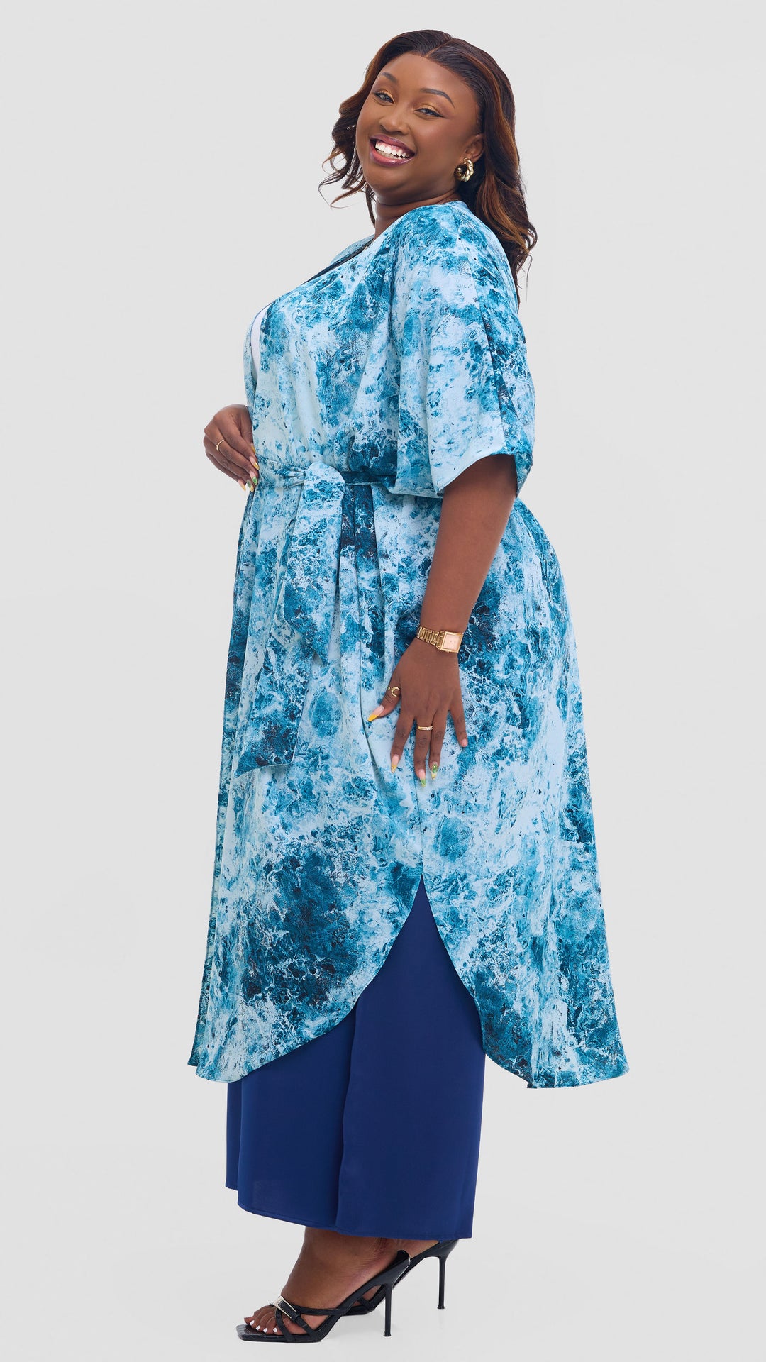 Vivo Scalloped Kimono in Crepe - Teal / Light Blue Print