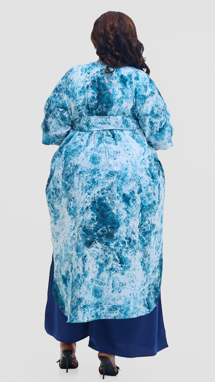 Vivo Scalloped Kimono in Crepe - Teal / Light Blue Print