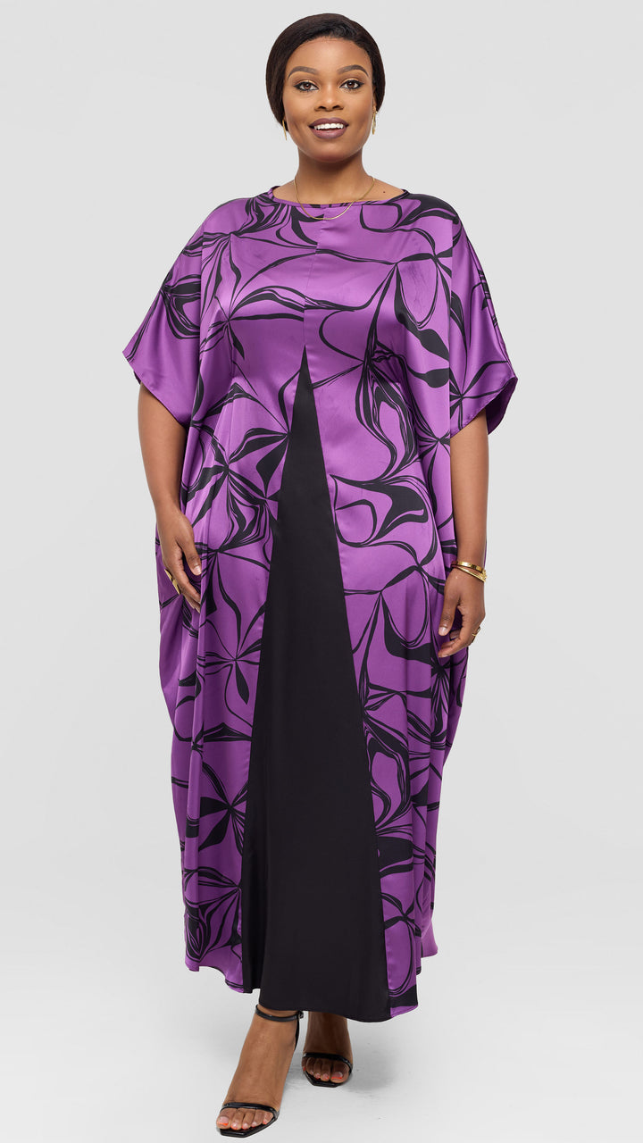 Vivo Godet Maxi Dress in Satin - Purple / Black Arah Print