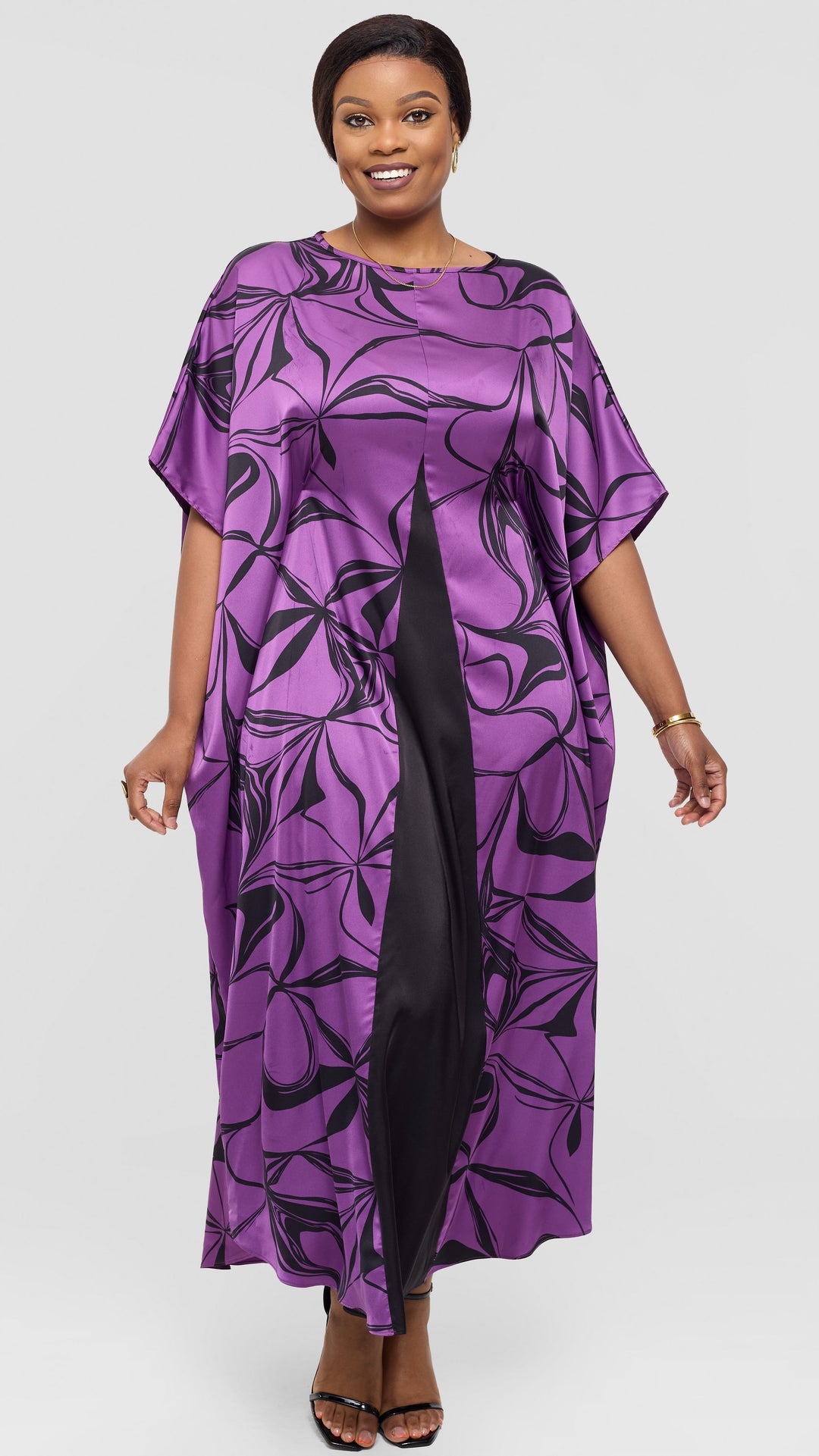 Vivo Godet Maxi Dress in Satin - Purple / Black Arah Print