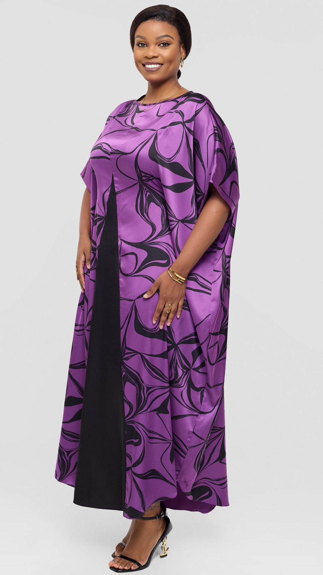 Vivo Godet Maxi Dress in Satin - Purple / Black Arah Print