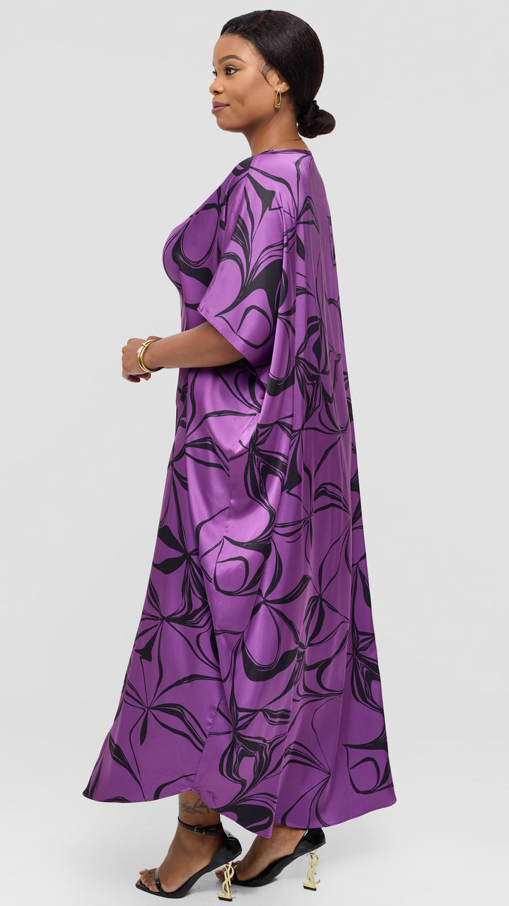 Vivo Godet Maxi Dress in Satin - Purple / Black Arah Print