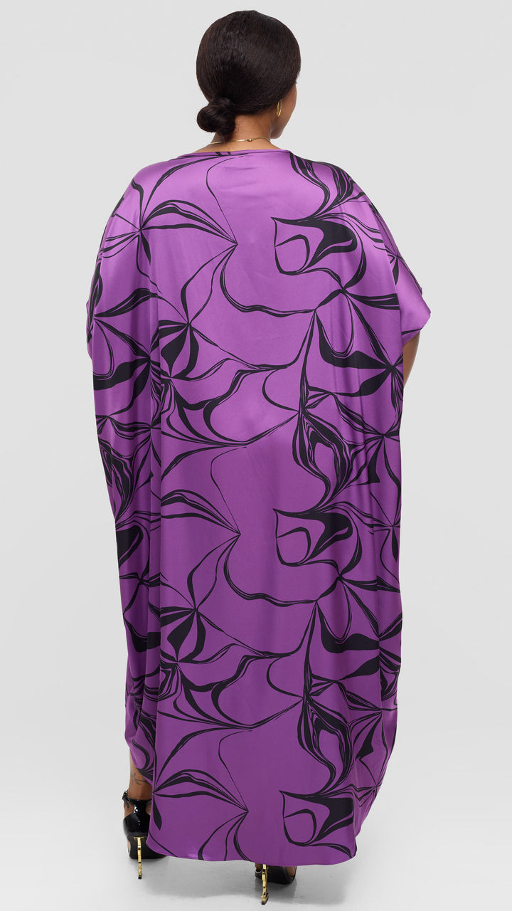 Vivo Godet Maxi Dress in Satin - Purple / Black Arah Print