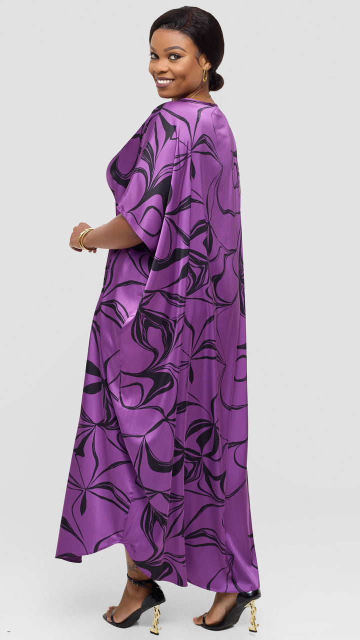 Vivo Godet Maxi Dress in Satin - Purple / Black Arah Print