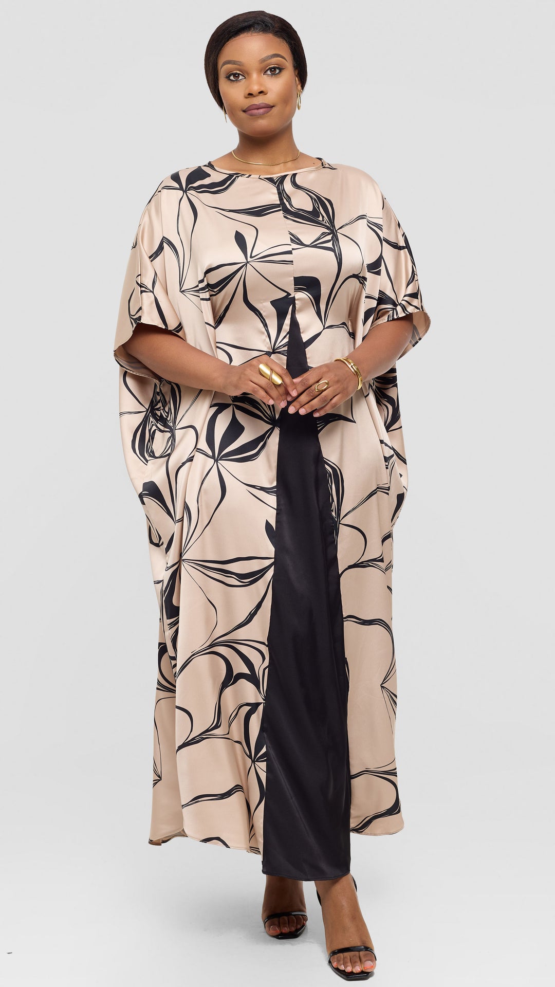 Vivo Godet Maxi Dress in Satin - Taupe / Black Arah Print