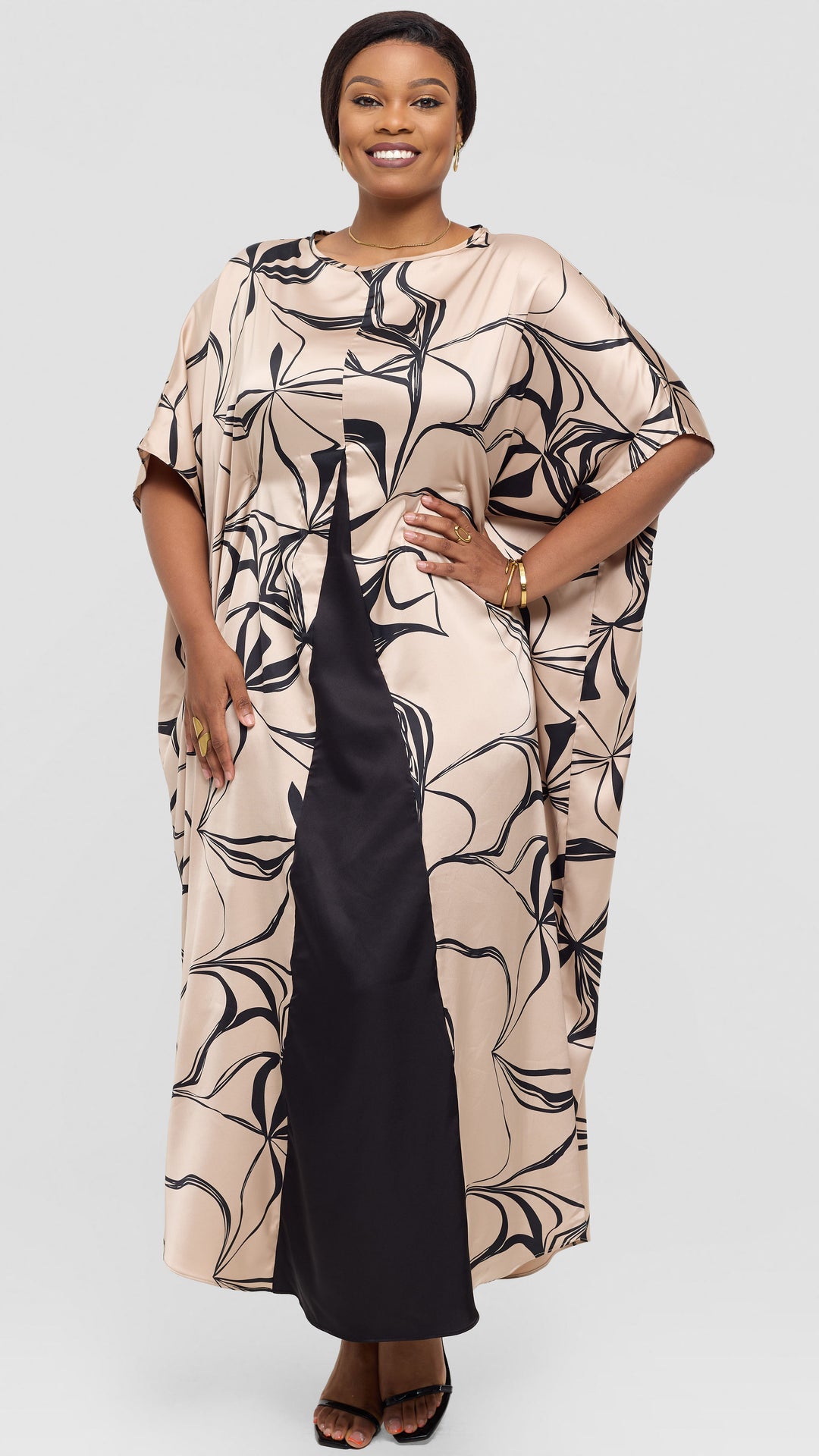 Vivo Godet Maxi Dress in Satin - Taupe / Black Arah Print