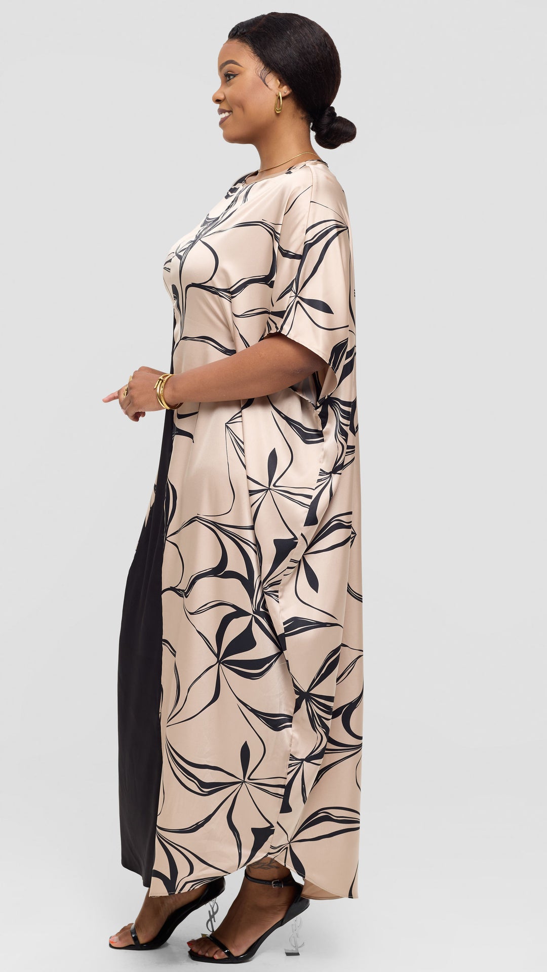 Vivo Godet Maxi Dress in Satin - Taupe / Black Arah Print