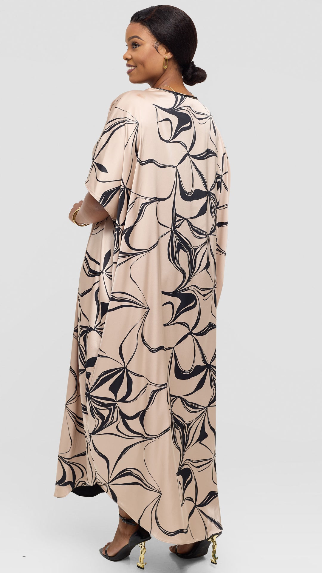 Vivo Godet Maxi Dress in Satin - Taupe / Black Arah Print