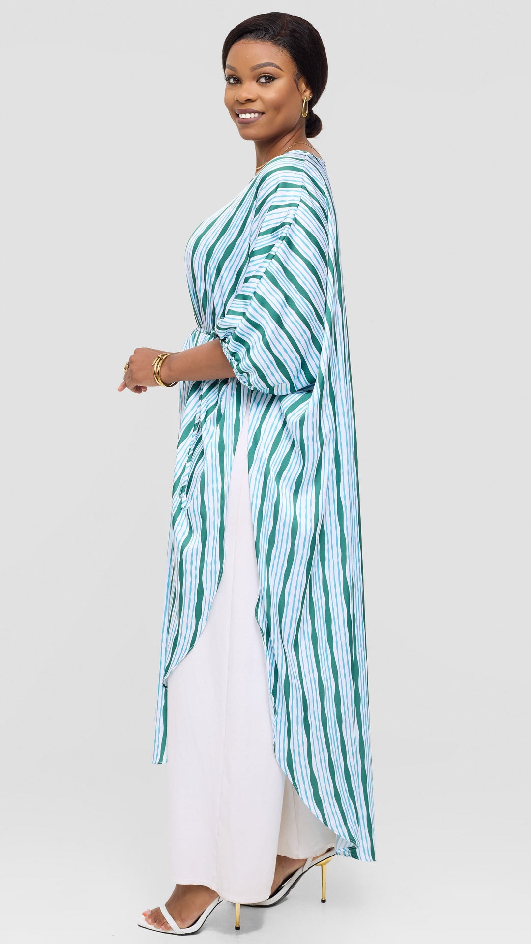 Vivo Essi Scalloped Maxi Top in Satin - White / Teal Huwa Print