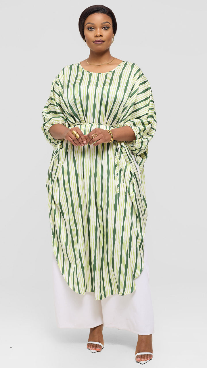 Vivo Essi Scalloped Maxi Top in Satin - Cream / Olive Huwa Print