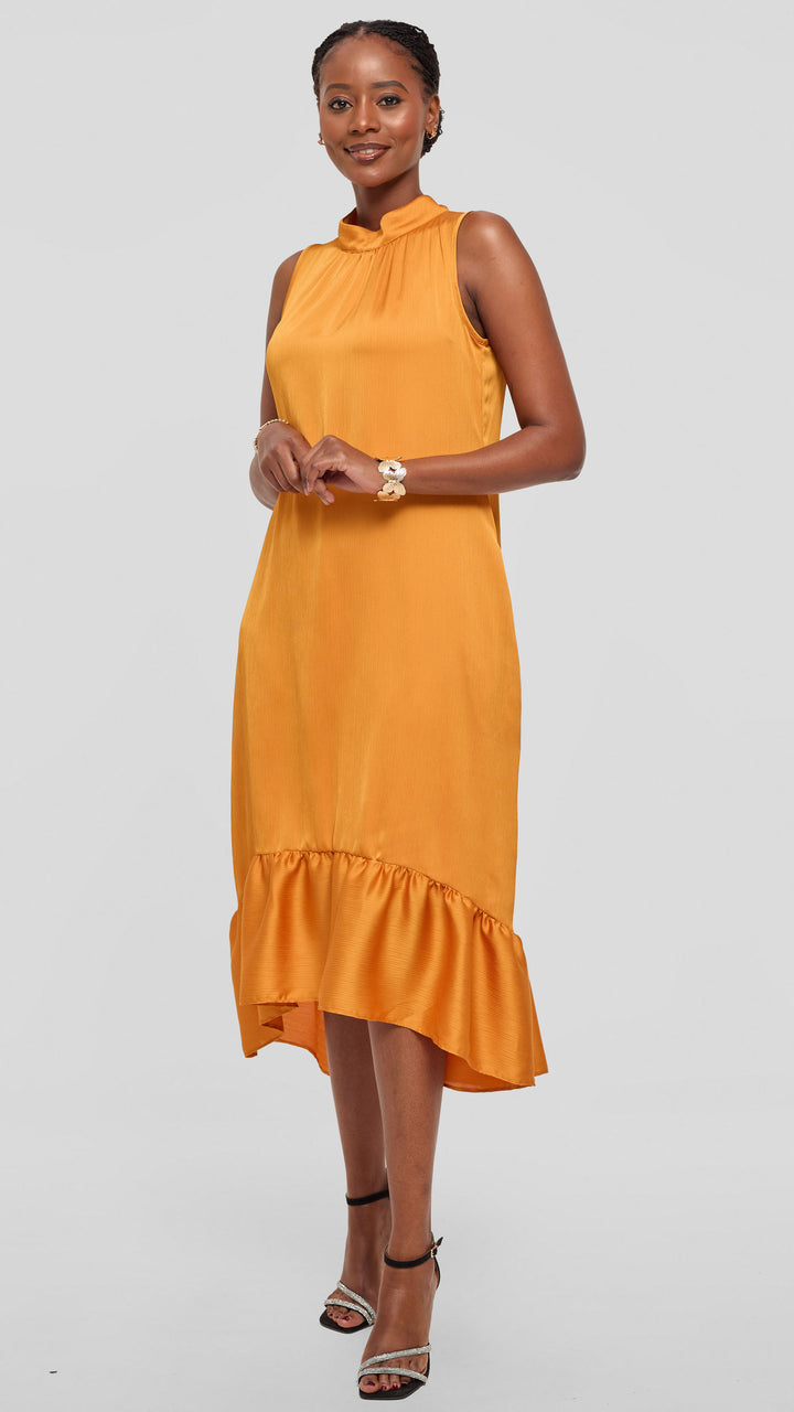 Vivo Samira Midi Dress in Textured Satin - Mustard