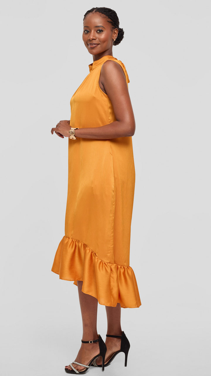 Vivo Samira Midi Dress in Textured Satin - Mustard