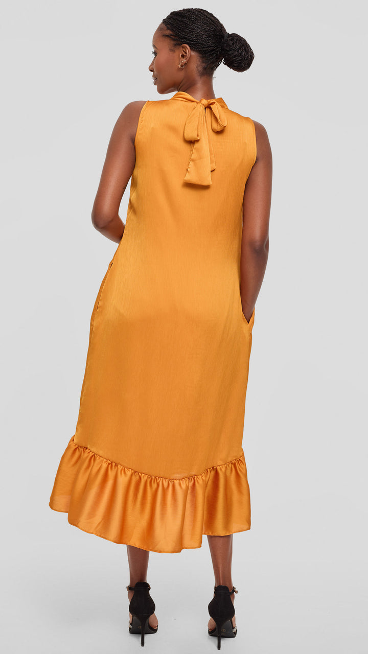 Vivo Samira Midi Dress in Textured Satin - Mustard