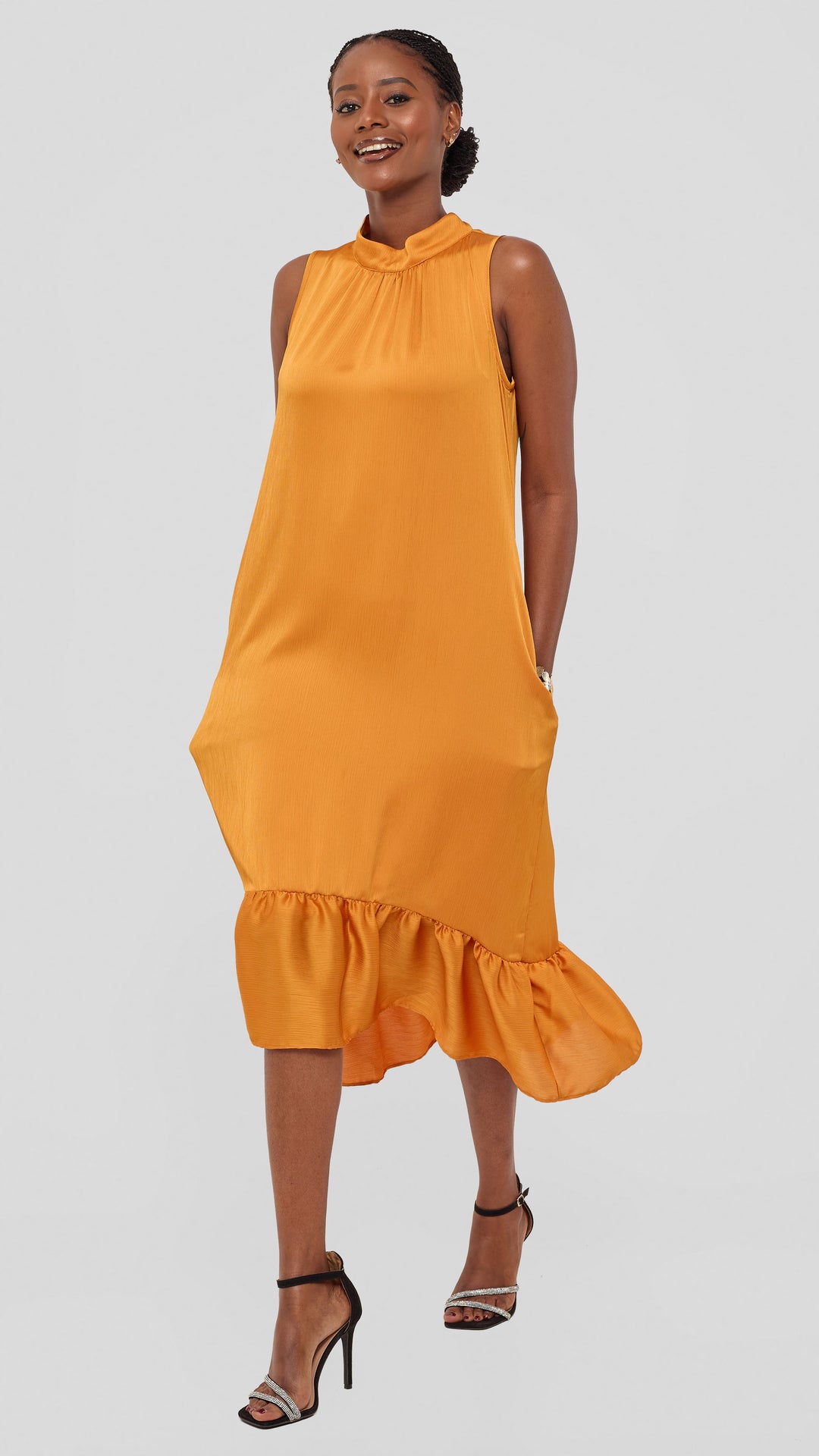 Vivo Samira Midi Dress in Textured Satin - Mustard