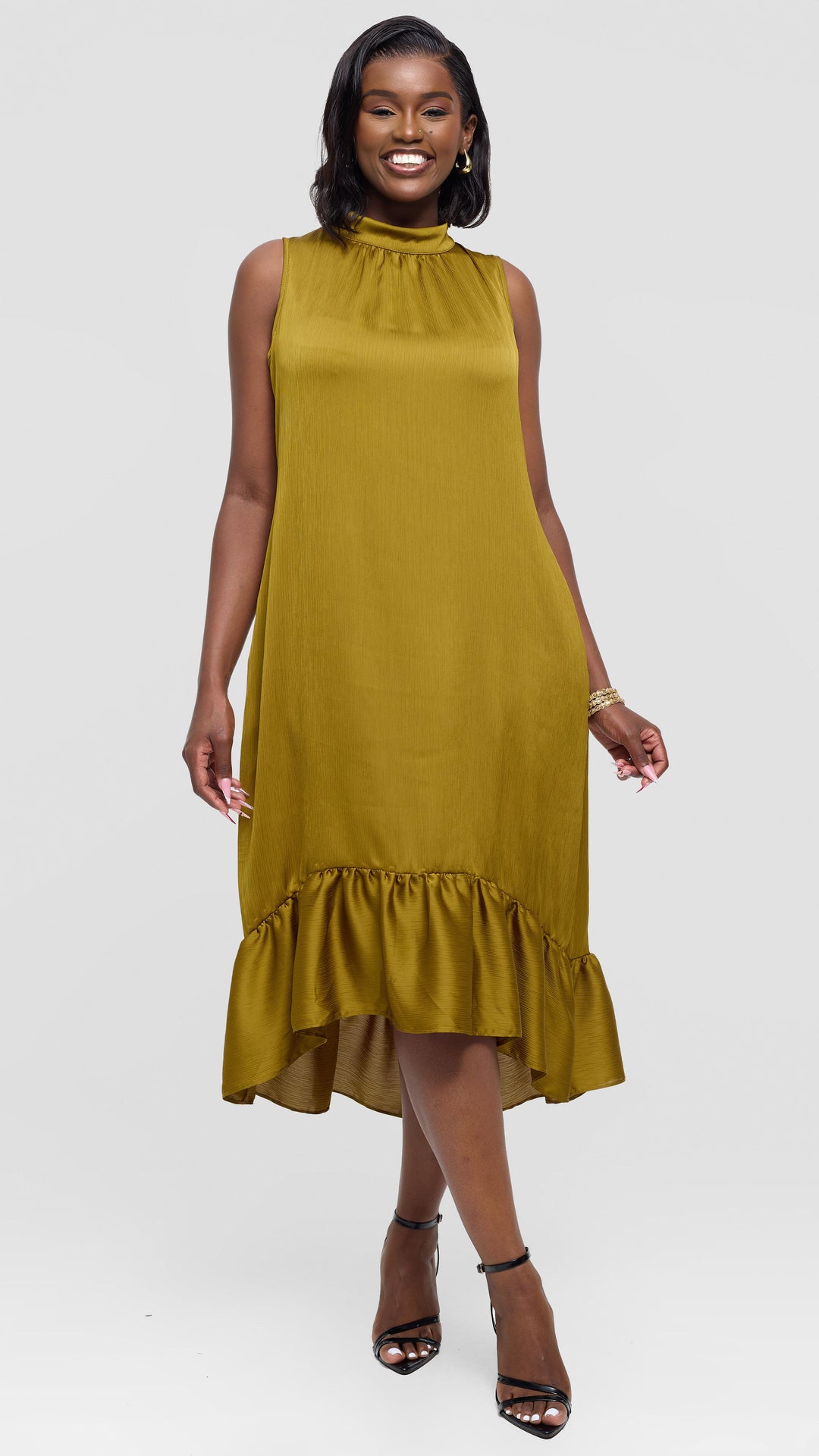 Vivo Samira Midi Dress in Textured Satin - Dark Olive