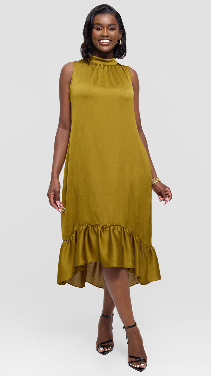 Vivo Samira Midi Dress in Textured Satin - Dark Olive
