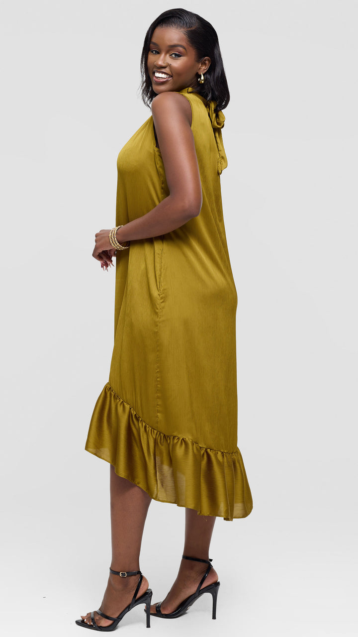 Vivo Samira Midi Dress in Textured Satin - Dark Olive