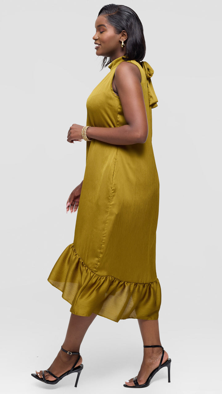 Vivo Samira Midi Dress in Textured Satin - Dark Olive
