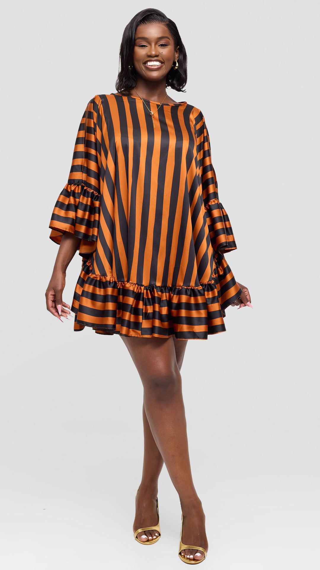 Vivo Chidii Tunic Dress With Frills in Satin - Rust / Black Print
