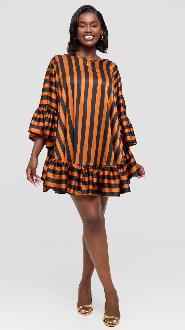 Vivo Chidii Tunic Dress With Frills in Satin - Rust / Black Print