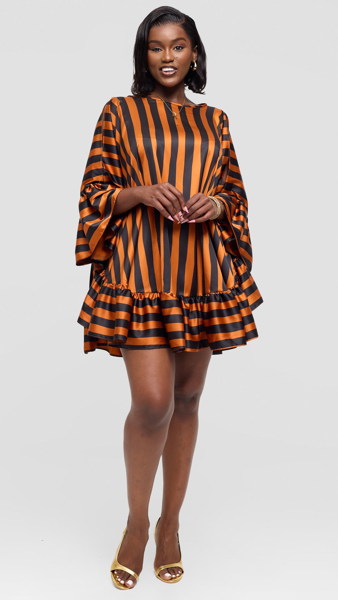Vivo Chidii Tunic Dress With Frills in Satin - Rust / Black Print