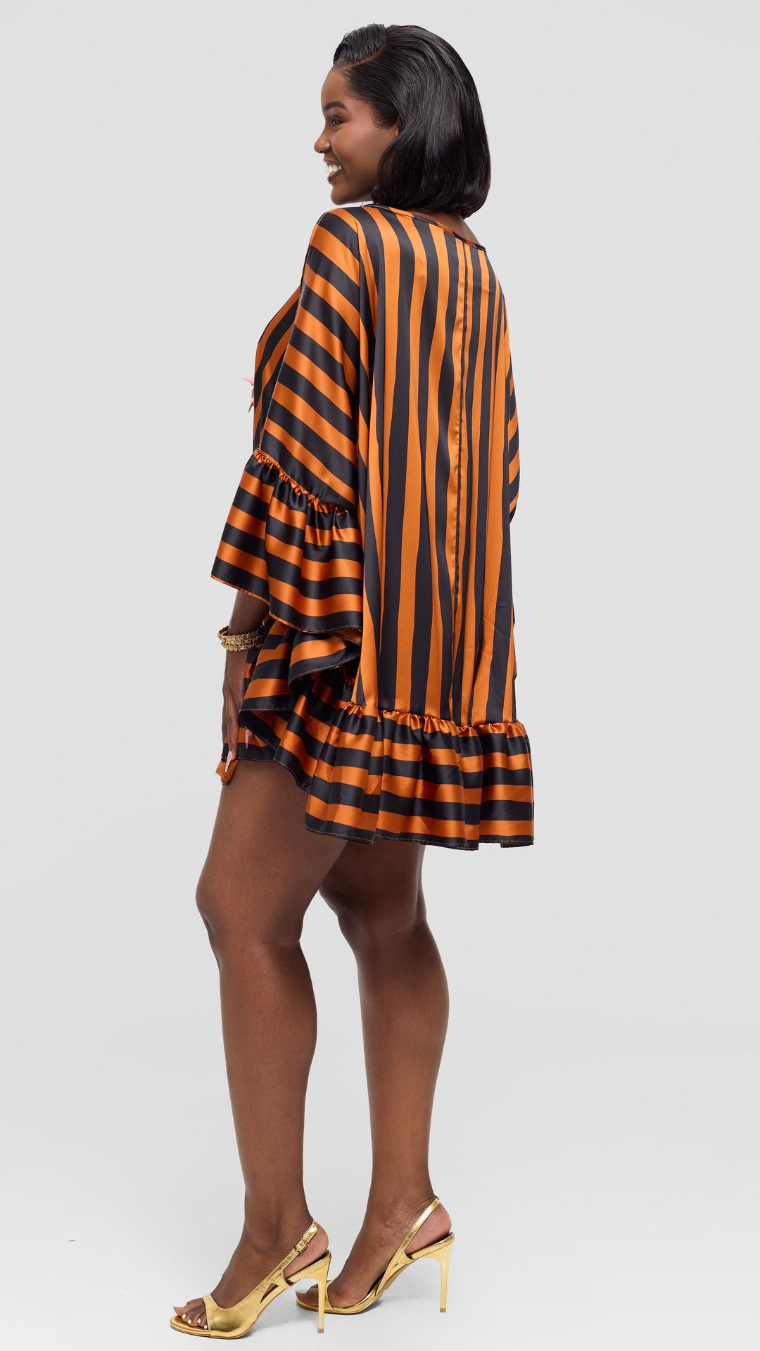 Vivo Chidii Tunic Dress With Frills in Satin - Rust / Black Print