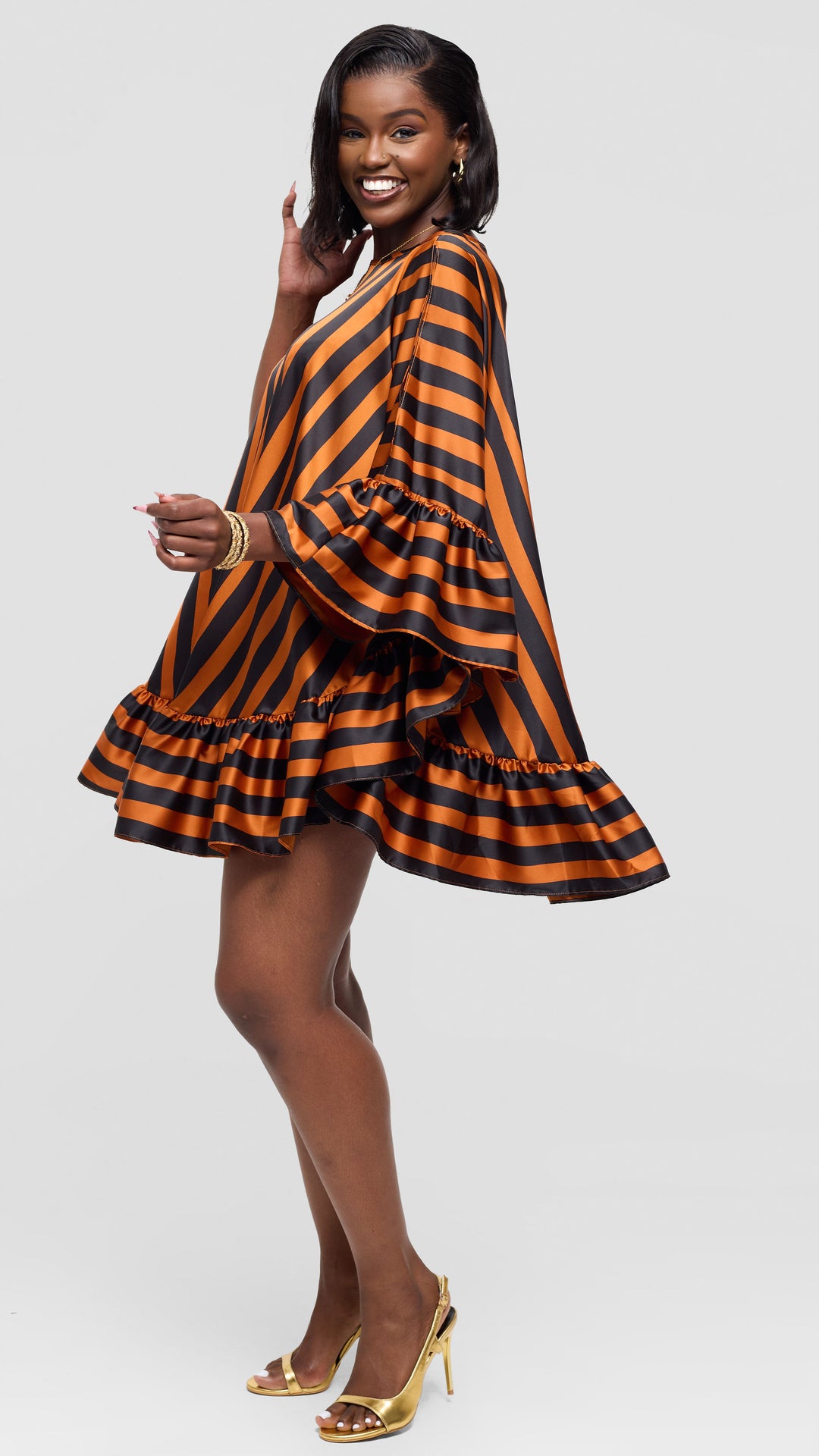 Vivo Chidii Tunic Dress With Frills in Satin - Rust / Black Print