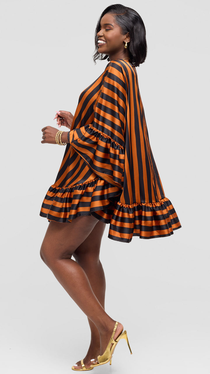 Vivo Chidii Tunic Dress With Frills in Satin - Rust / Black Print