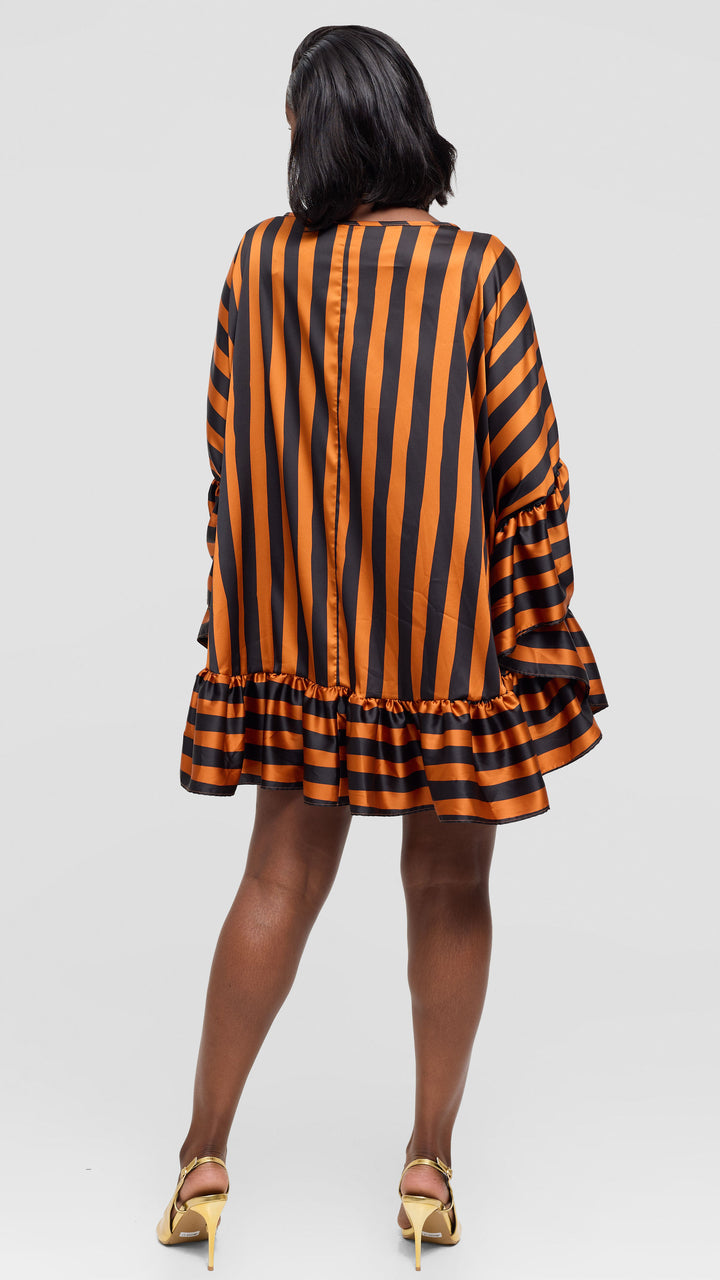 Vivo Chidii Tunic Dress With Frills in Satin - Rust / Black Print