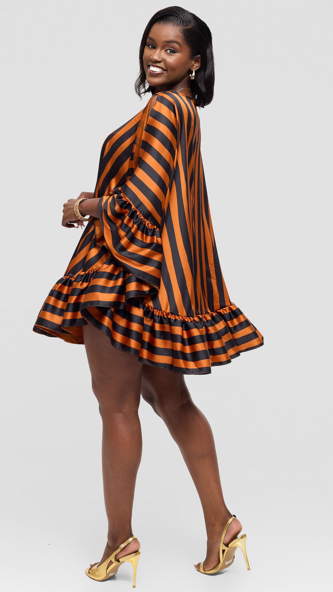 Vivo Chidii Tunic Dress With Frills in Satin - Rust / Black Print