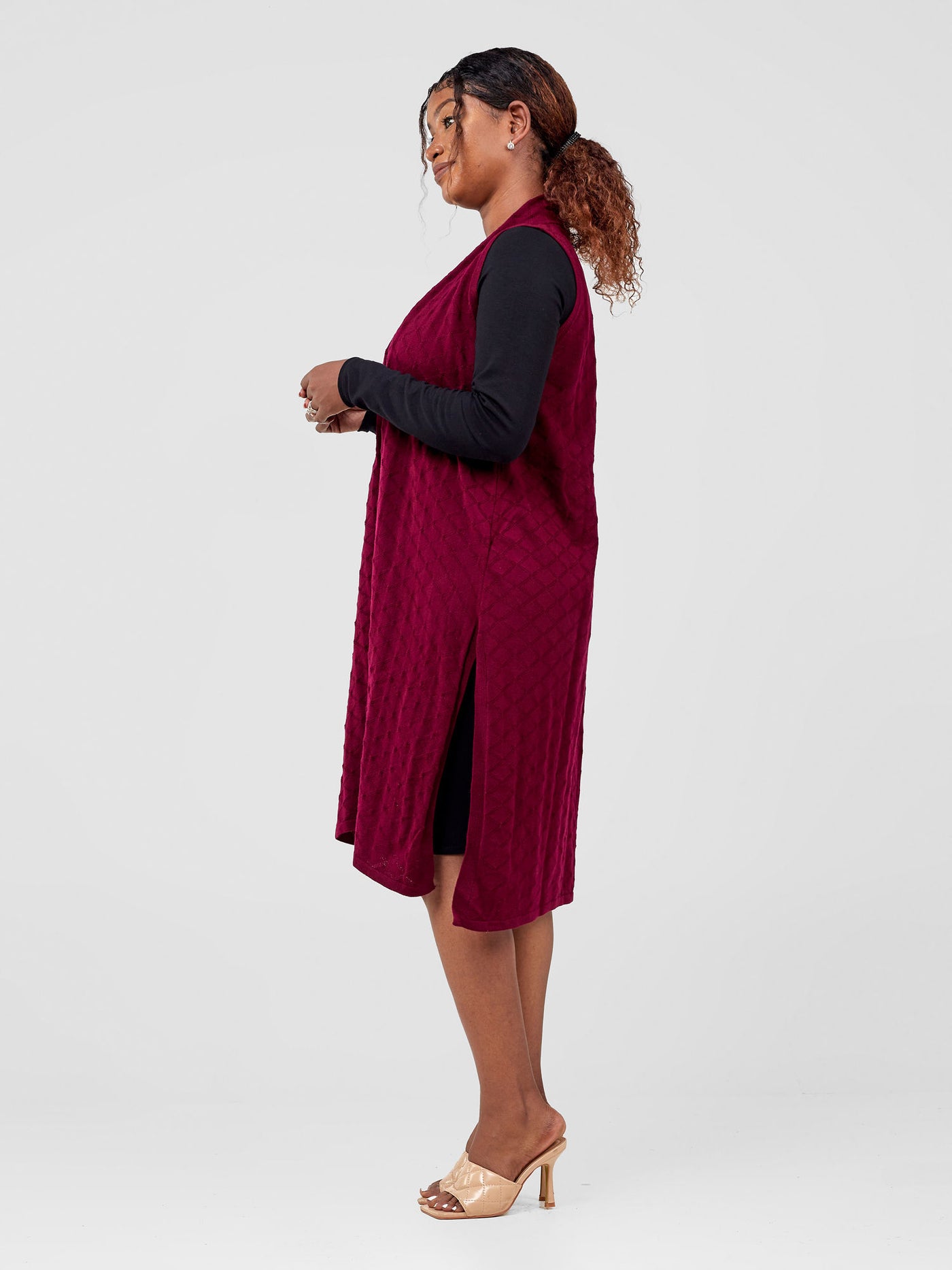 Vivo Sleeveless Side  Slit Midi  Waterfall - Burgundy