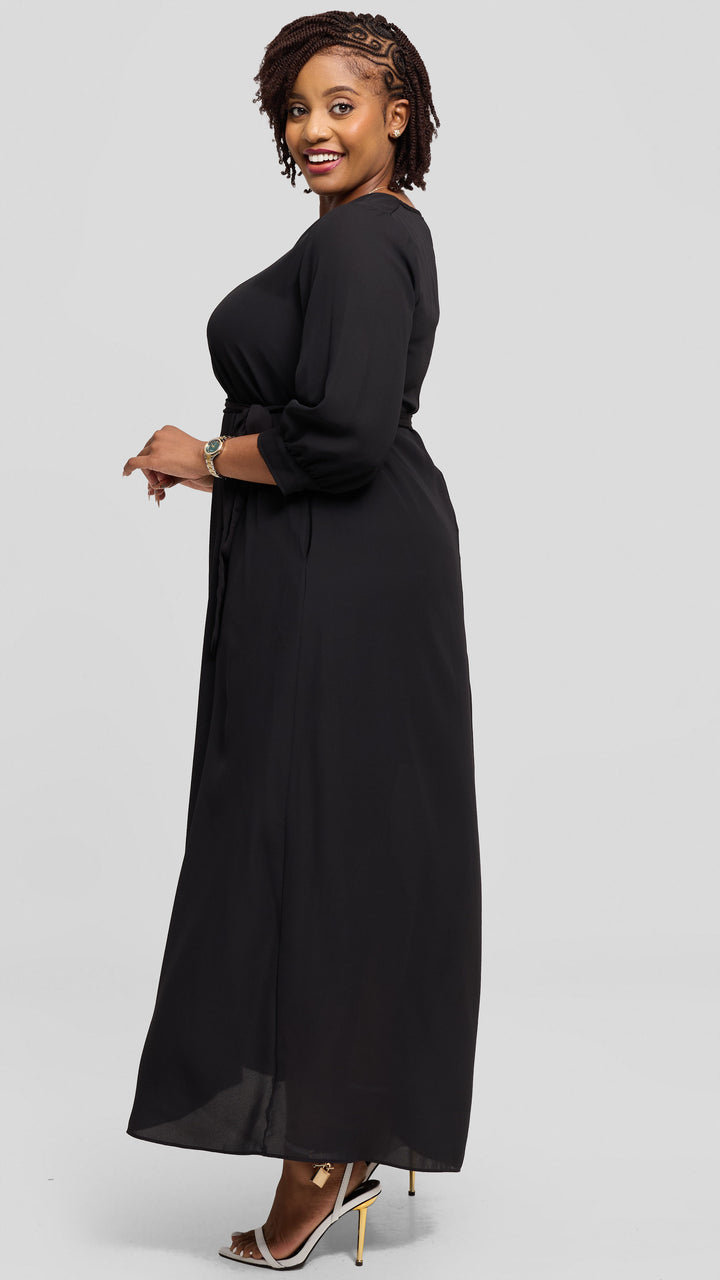 Vivo Hadiya 3/4 Sleeve Maxi Dress in Chiffon - Black