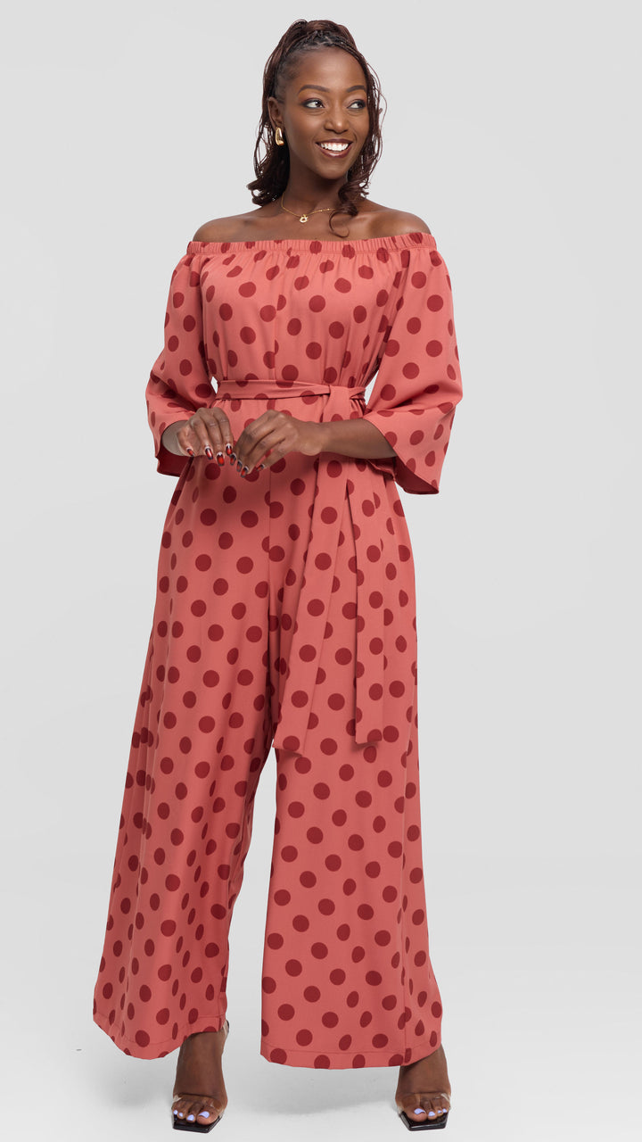 Vivo Off Shoulder Jumpsuit in Crepe - Peach / Burgundy Polka